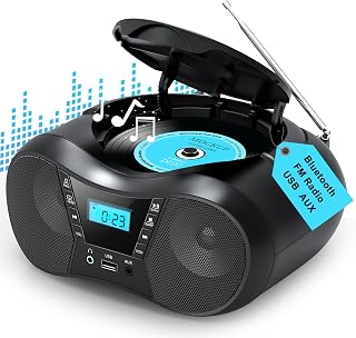 Greadio Portable Boombox CD Players for Home with Bluetooth, Stereo Sound | FM Radio CD Player, Simple Controls, CD/CD-R/RW, Compact, AC/Battery Power, USB & AUX Input Playback, Sleep Timer (Black