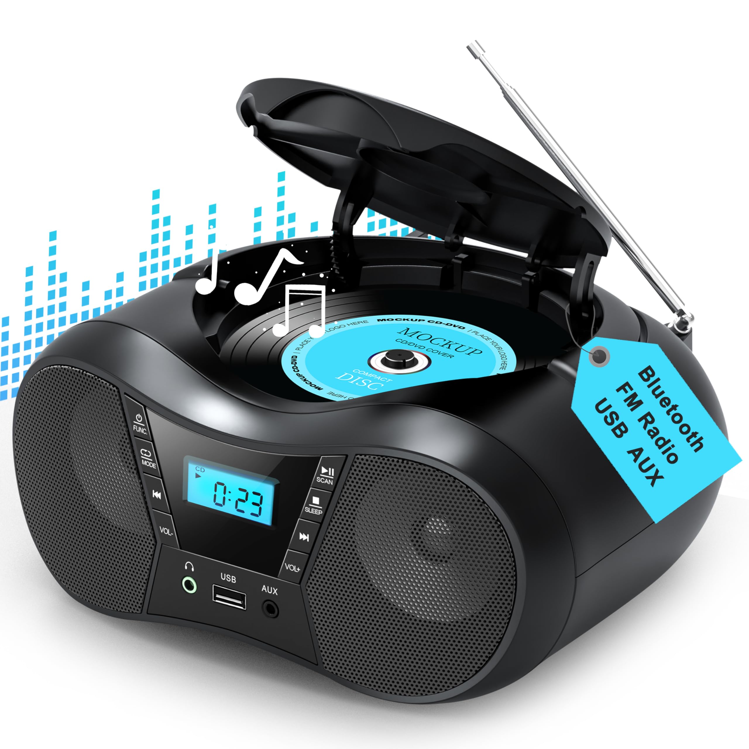 Greadio Portable Boombox CD Players for Home with Bluetooth, Stereo Sound | FM R