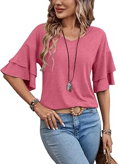 Sialois Womens Top Ruffle Sleeve T Shirts V Neck Double Tiered Half Bell Blouses Spring Summer Fall Fashion Clothes