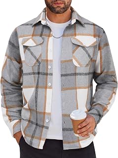 COOFANDY Camisa de franela para hombre, informal, con botones, de manga larga, a cuadros, con bolsillos