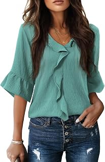 siliteelon Blusas para mujer, estilo casual, manga 3/4, con volantes, acampanada, para negocios, formal, para trabajo, a la moda, 2025