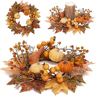 2 Set 11.8" Artificial Fall Candle Wreath for Table Centerpieces Table Accent Small Pumpkin Candle Rings for Pillars Autumn Candle Centerpieces Maple Leaf Wreath for Front Door Window-Two usages