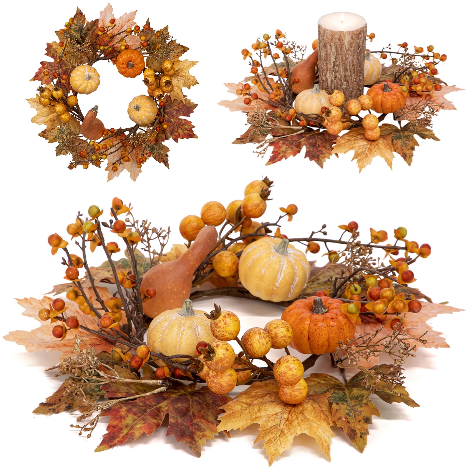 2 Set 11.8" Artificial Fall Candle Wreath for Table Centerpieces Table Accent Sm