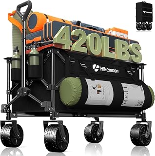 Hikemoon 150L Collapsible Wagons Carts Foldable, 420LBS Heavy Duty Folding Beach Cart with Big All-Terrain Wheels, Portable Utility Wagon for Grocery, Shopping, Garden, Sports, Camping, Black