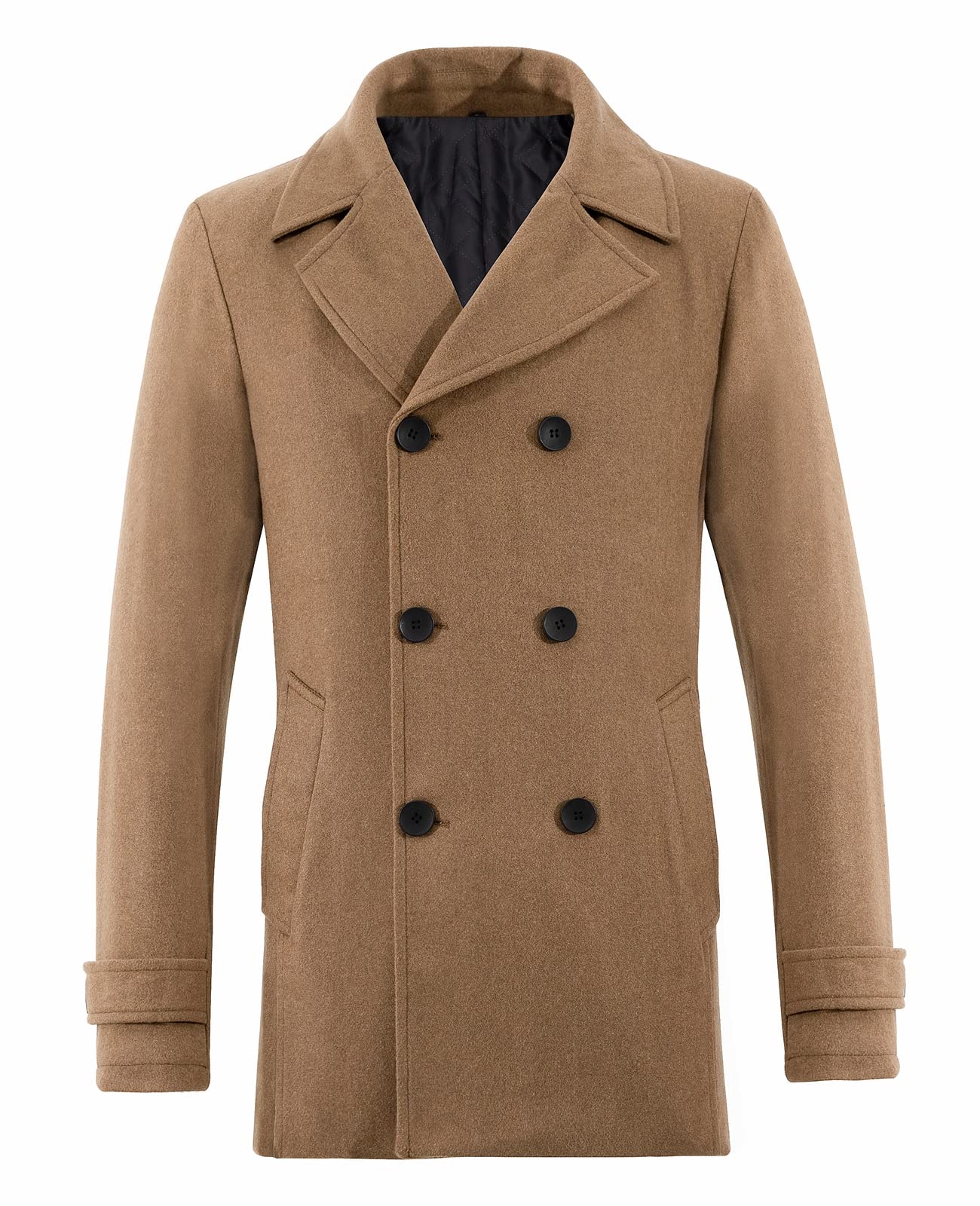 Men's Double Breasted Wool Blend Pea Coat, Quilted Lined Overcoat