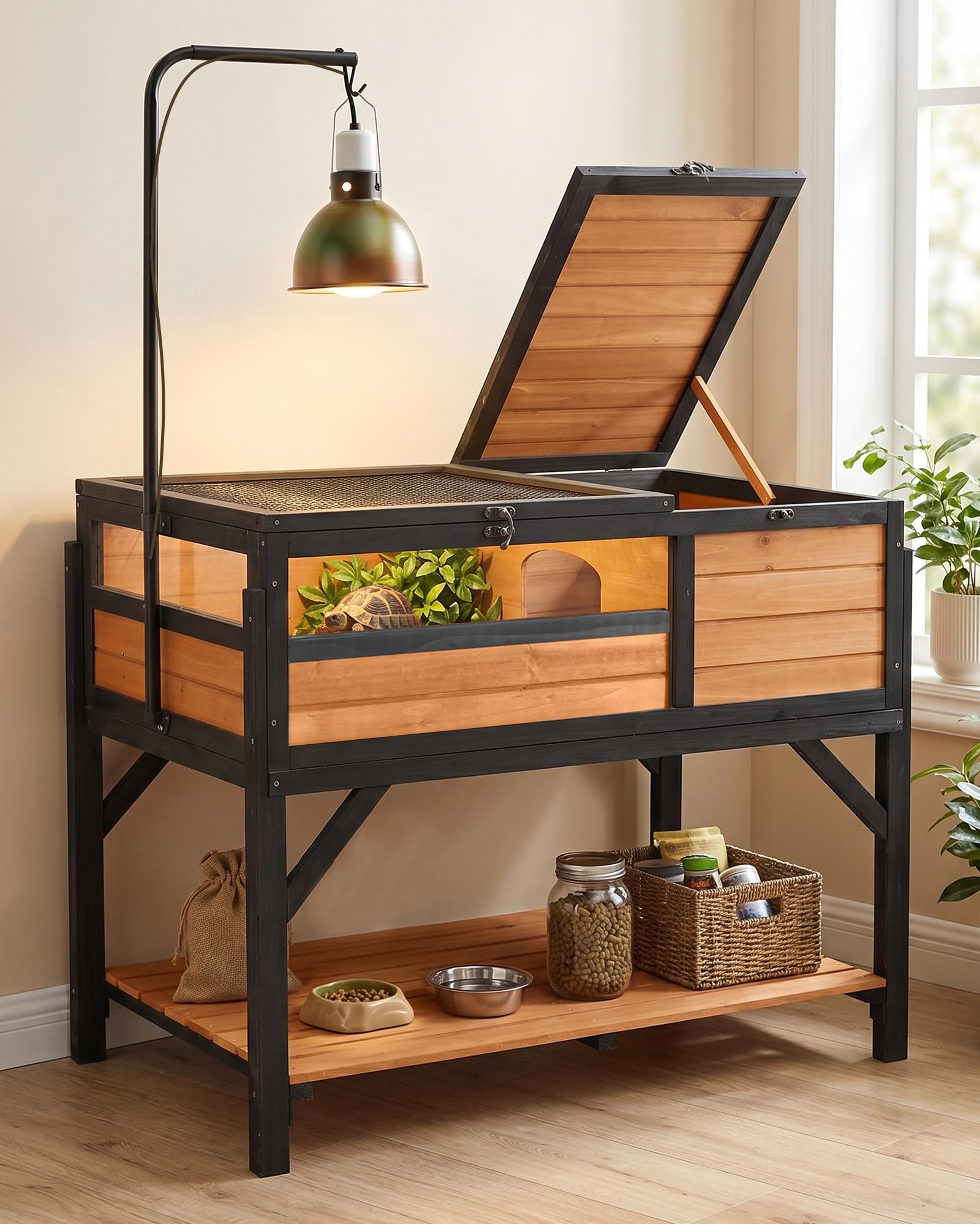 Wooden Tortoise Habitat with Detachable Legs & Adjustable Lamp Holder – Reptile 