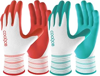COOLJOB 6 Pairs Red & Green Garden Gloves For Women, Medium | Breathable Rubber Coated Non-Slip Palm, For Outdoor Work, Weeding, Landscaping, Lawn Yard, Fits Most