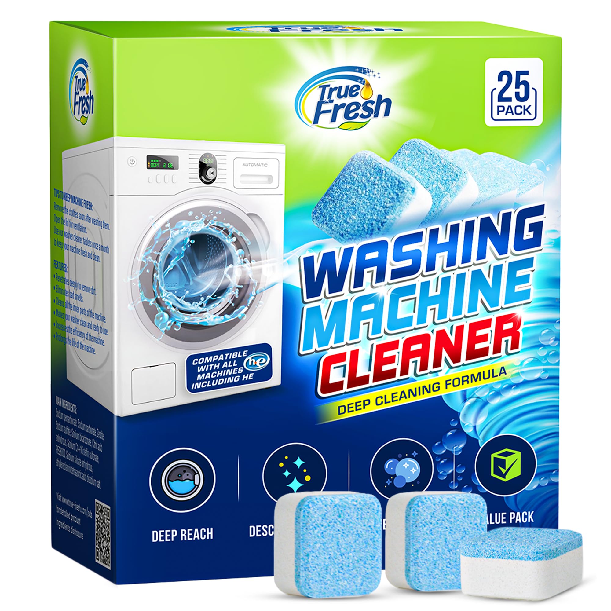 True Fresh Washing Machine Cleaner Tablets 25-Pack - Deep Cleaning Washer cleane