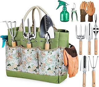 Grenebo Heavy Duty Gardening Tools with Handbag, Gardening Gifts for Women | Rust-Resistant Steel Garden Tool Sets for Women, Men, Durable, Ergonomic Wooden Handle, Idea for Planting Work