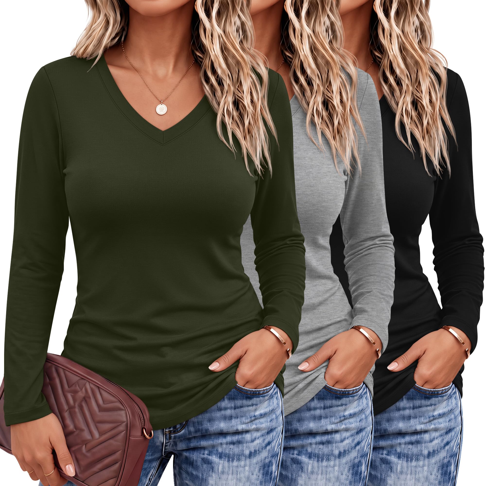 Evervibe 3 Pack Women's Plus Size Shirts Long Sleeve V Neck Tops