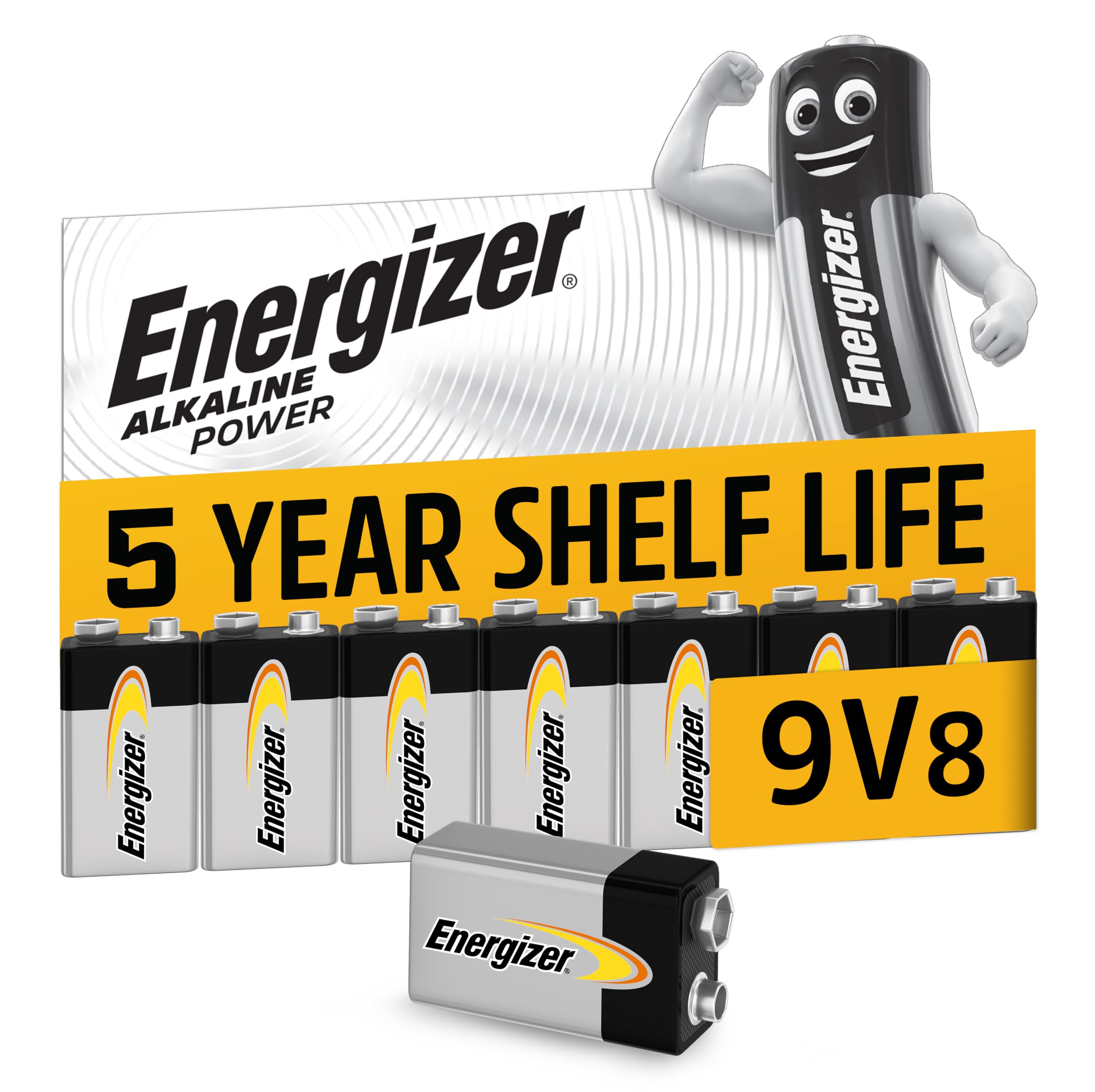 Energizer Alkaline Power - 9V Battery (8 Pack) - Nine Volt Block Batteries | Fir