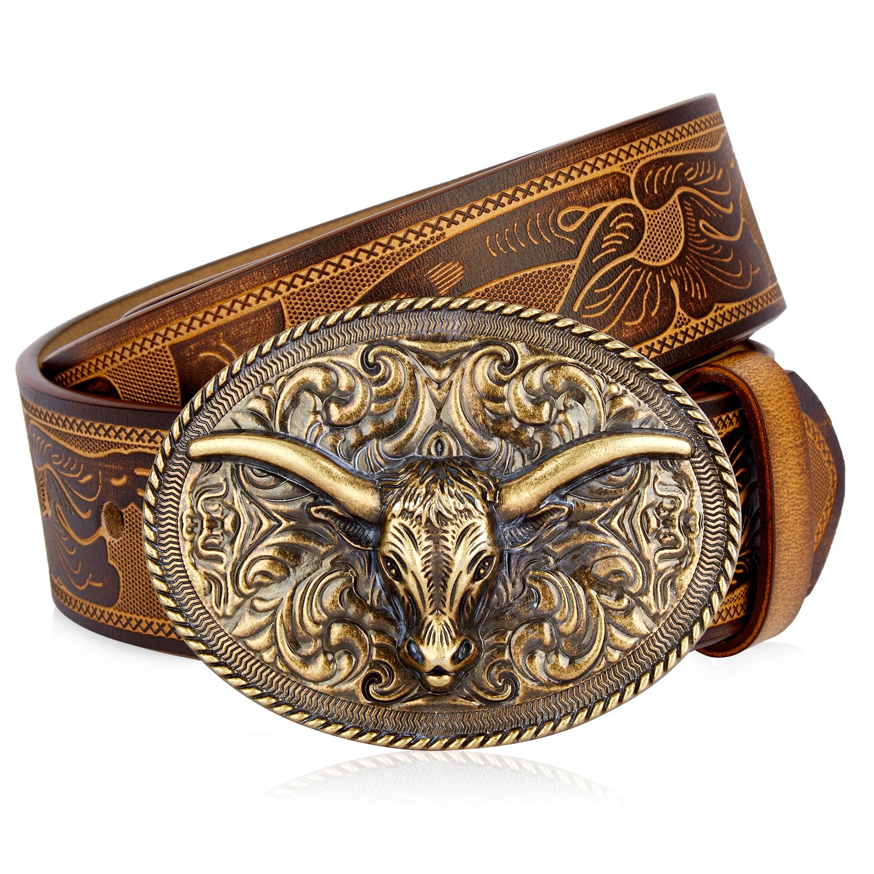 BISON DENIM Mens Belt Leather Western Cowboy Belts for Men Cinturones