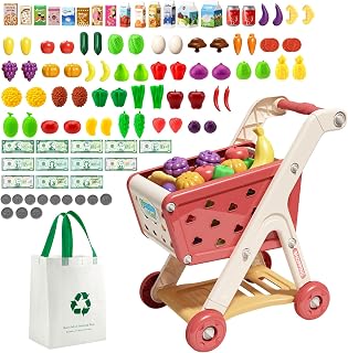 Jovow 102pcs Kids Shopping Cart Trolley Play Set with Pretend Food (Red) | Perfect for Ages 3+ Pretend Play and Role-Playing Games