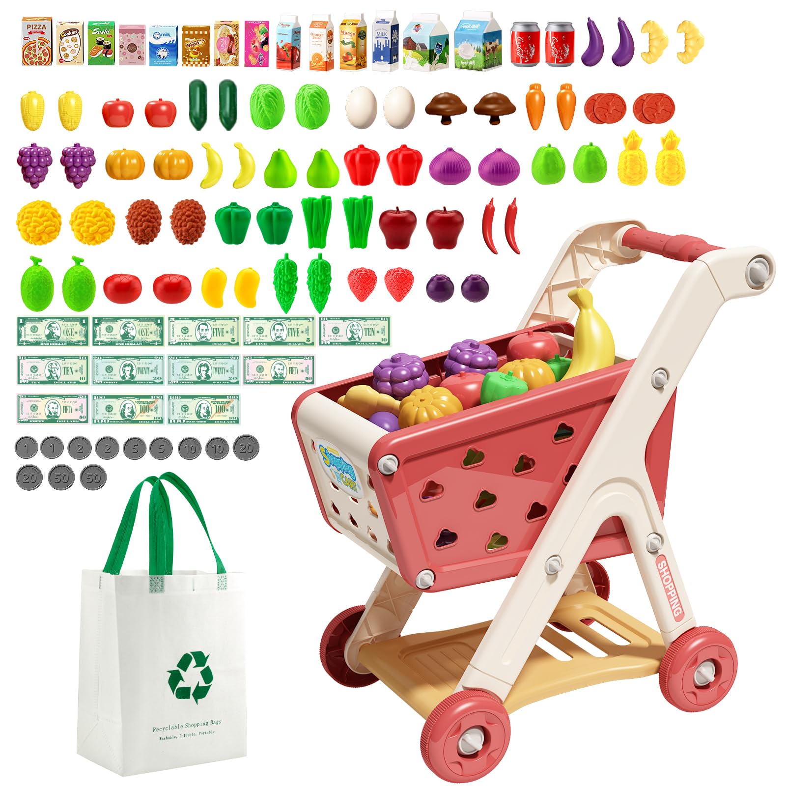 Jovow 102pcs Kids Shopping Cart Trolley Play Set with Pretend Food (Red) | Perfe