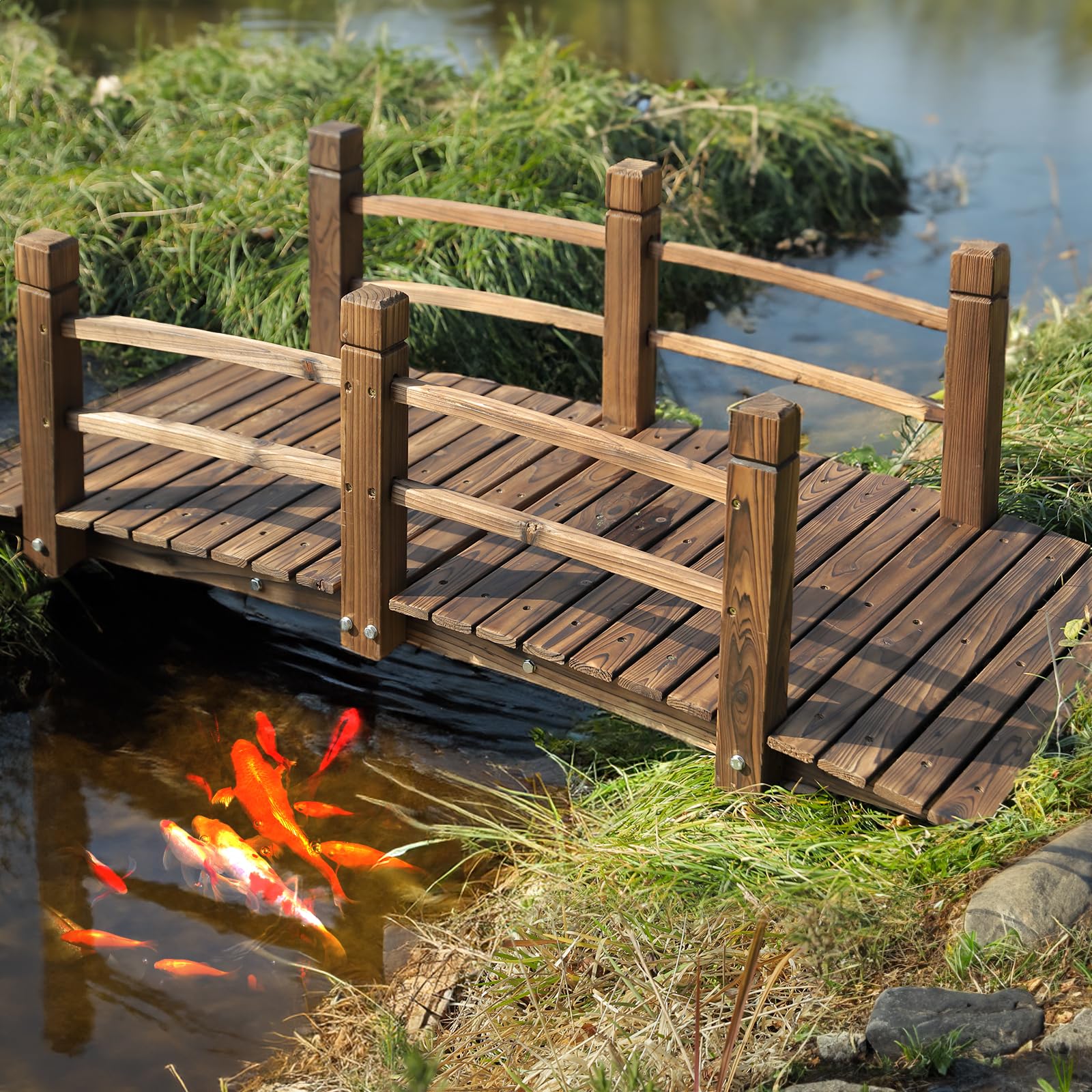 HOMEDIARY Fir Wood Garden Bridge, Outdoor Stained Finish Arc Footbridge Walkway 