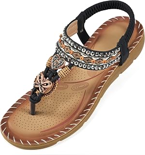 Aomigoct Sandals Women Flat Shoes: Dressy Summer Bohemian Flats Shoes for Women Sandals Comfortable Ankle Strap Outdoor Walking
