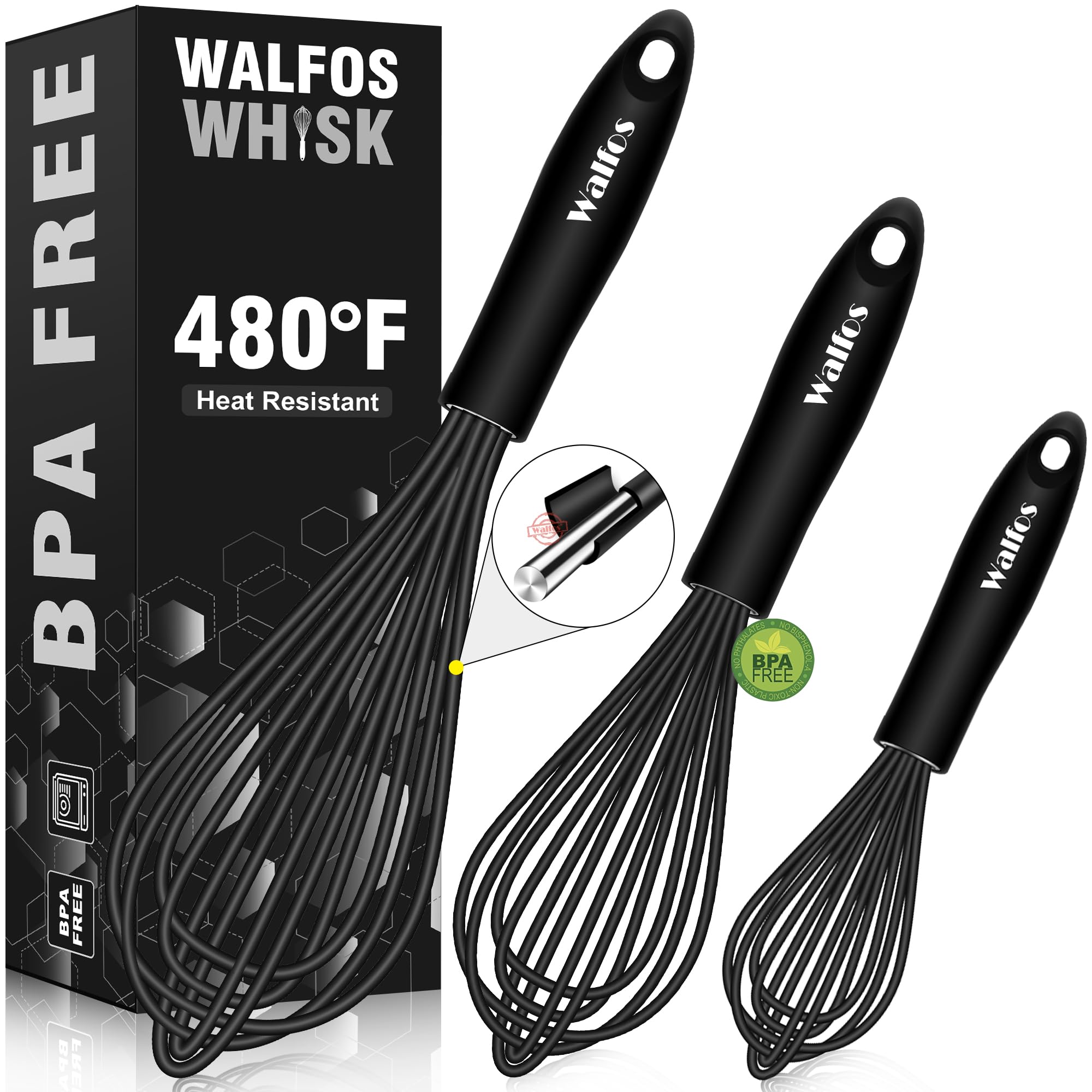 Walfos Silicone Whisk,Stainless Steel Wire Whisk Set of 3 -Heat Resistant 480°F 