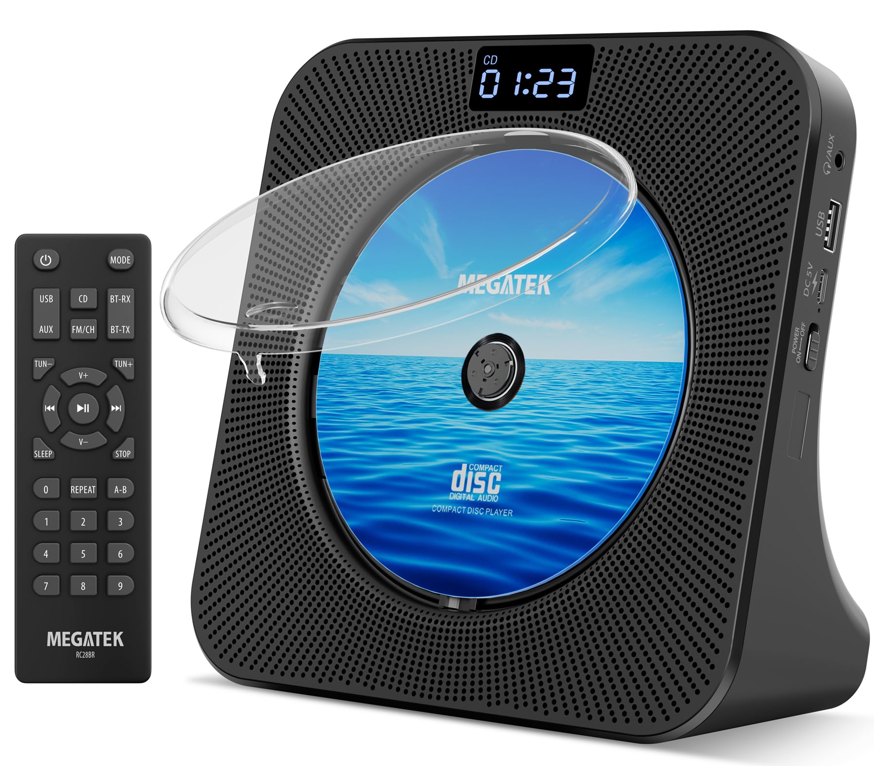 MEGATEK Portable CD Player with Bluetooth RX/TX, FM Radio & USB - Black | Deskto