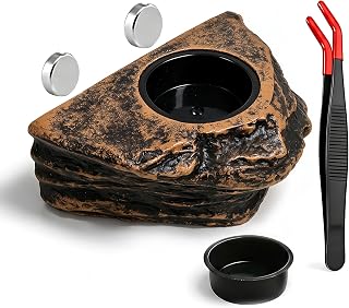 ChiiGe Magnetic Crested Gecko Feeding Ledge with Tongs, 2-Cup Rock Feeder | Made of pet-safe rock plastic for arboreal tanks, this dual-magnet dish stays secure, paired with 5.51 in feeding tweezers