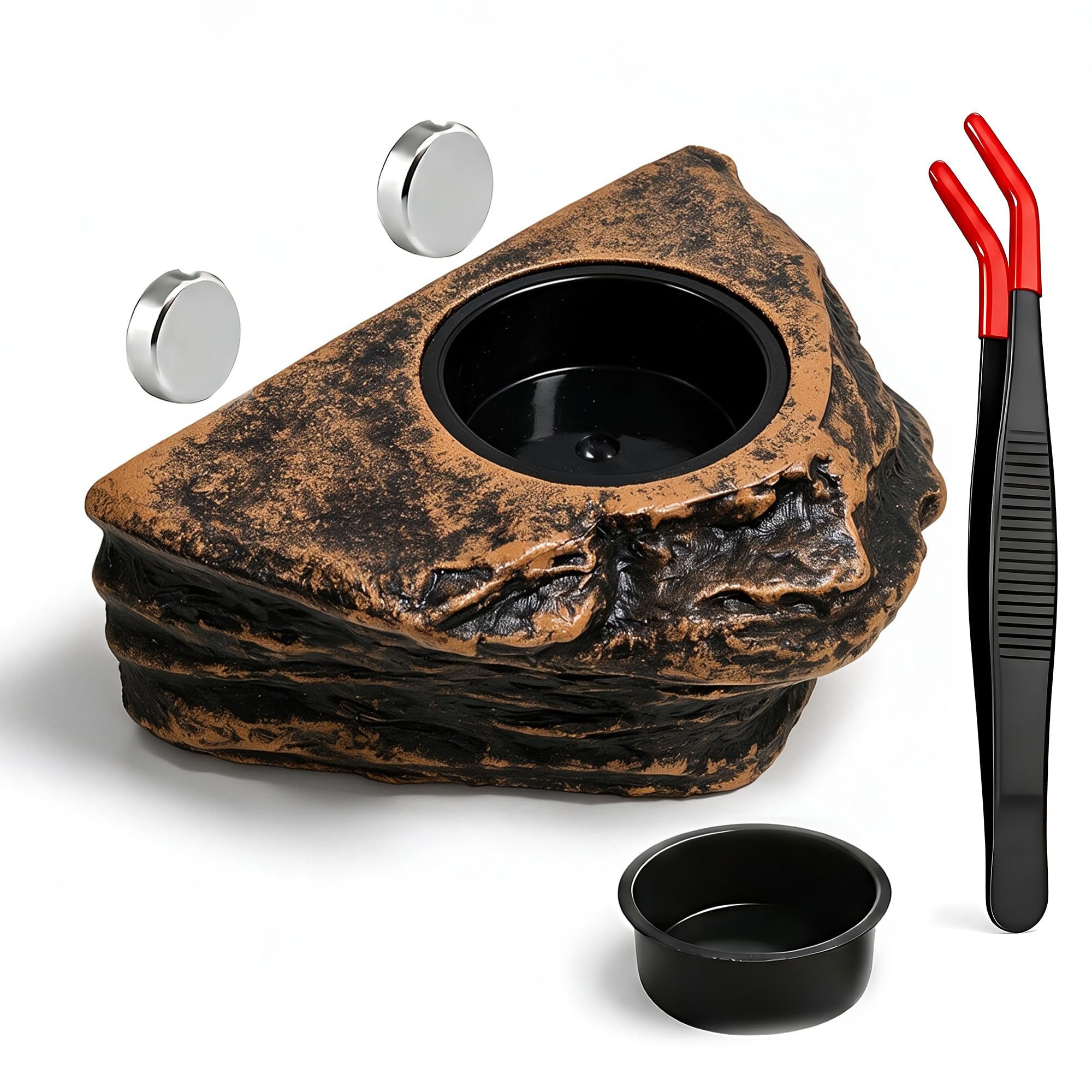 ChiiGe Magnetic Crested Gecko Feeding Ledge with Tongs, 2-Cup Rock Feeder | Made
