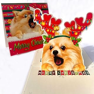 Pomeranian Christmas Pop Up Card – 3D Holiday Greeting Card Featuring Adorable Pomeranian Dog with Festive Reindeer Antlers, Perfect for Dog Lovers, Unique Christmas Gift Card for Friends and Family