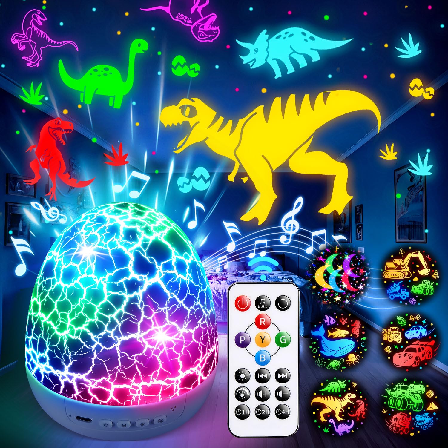 PIKOY Dinosaur Toys Egg Night Light with 6 Films (Dino, Stars) & 90 Effects, Gif