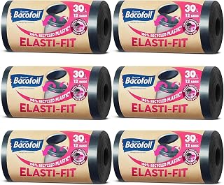 Elasti-Fit Bin Liners - Strong, Heavy Duty 30L Bin Bags, 6 Rolls, 72 pcs