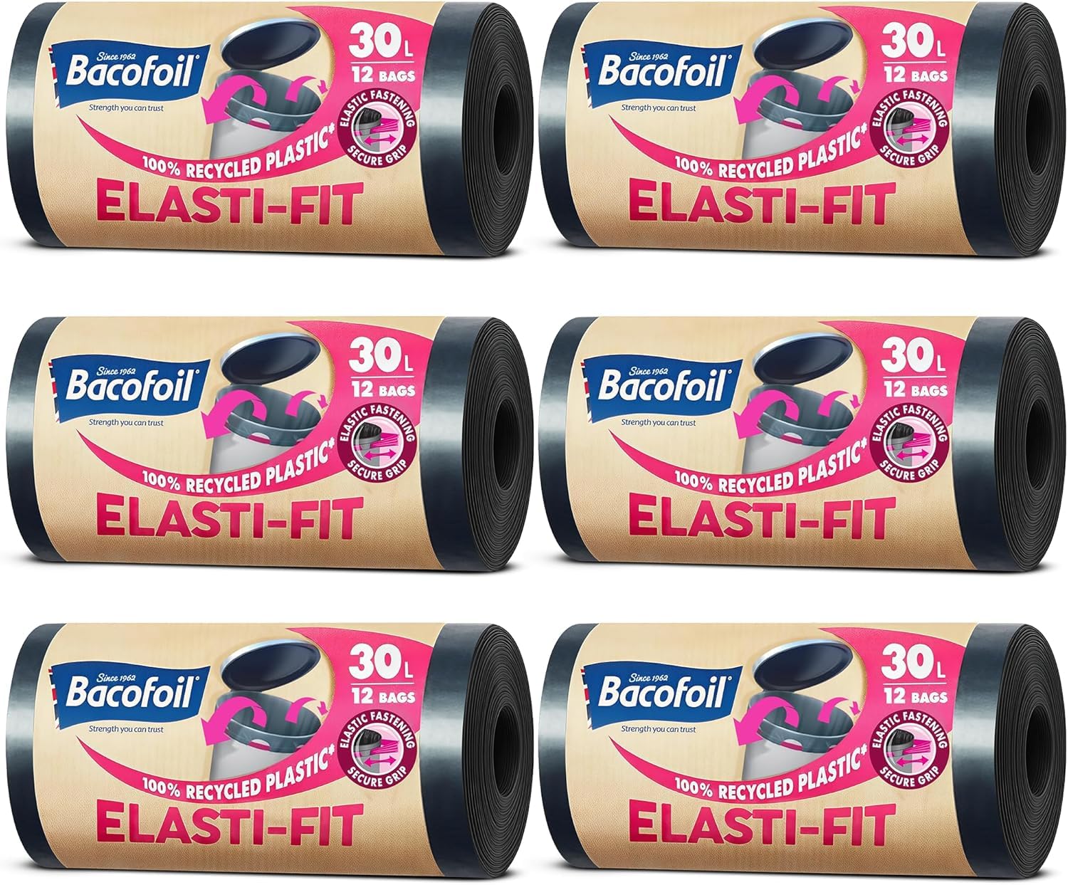 Elasti-Fit Bin Liners - Strong, Heavy Duty 30L Bin Bags, 6 Rolls, 72 pcs
