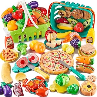 85Pcs Pretend Play Food Sets for Kids Kitchen, Cutting Toy with 2 Baskets, Fake Pizza Veggies Fruits and Dessert, Preschool Educational Learning Toys, Fine Motor Skills Toddler Boys Girls Gift Ideas.