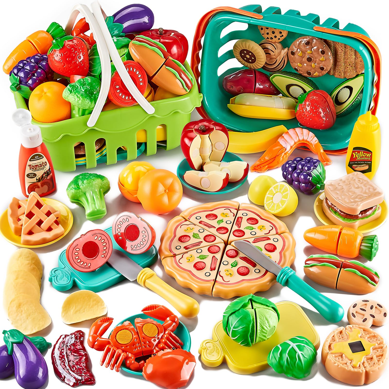 85Pcs Pretend Play Food Sets for Kids Kitchen, Cutting Toy with 2 Baskets, Fake 