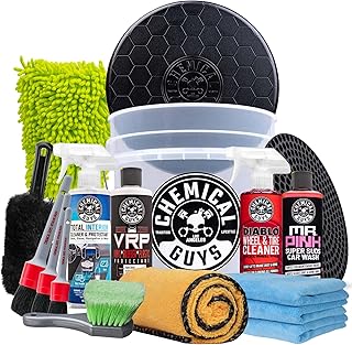 Chemical Guys 17-Piece Car Detailing Kit, Interior &amp; Wheel Cleaner &amp; Wash | All-in-one set for weekend and first-time users, brushes, bucket and pro-grade soap lift dirt from seats, rims and paint