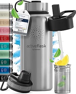 BeMaxx Active Flash Thermal Water Bottle with Straw 1 Litre 750 ml 500 ml (3 Infuser Caps for Tea and Fruit), BPA Free | Insulated Stainless Steel Bottle - Sports Gym Office Fitness