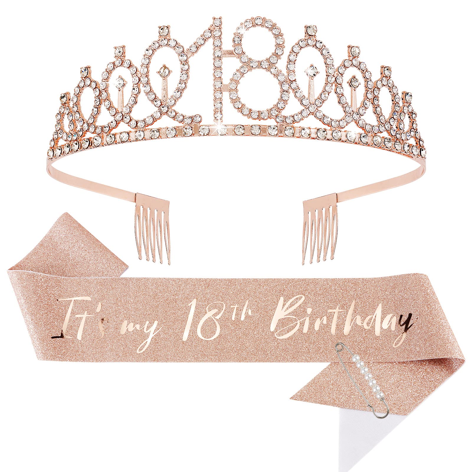 Crown and Pearl Pin Set for 18th Birthday - It's My 18th Birthday Sash, Tiara, C