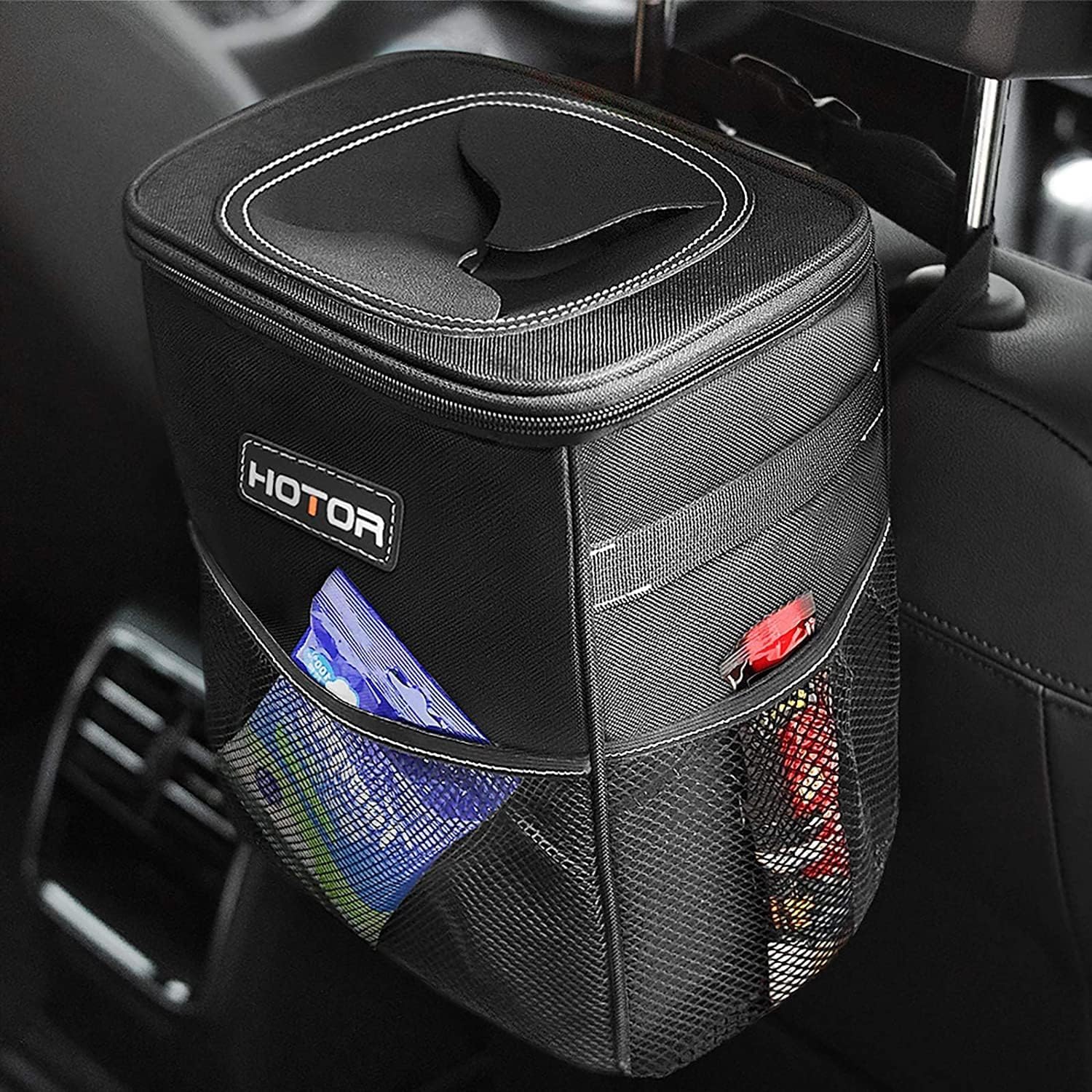 HOTOR Car Trash Can, Leakproof Car Organizer, 2-Gallon, Black | Compact Waterpro