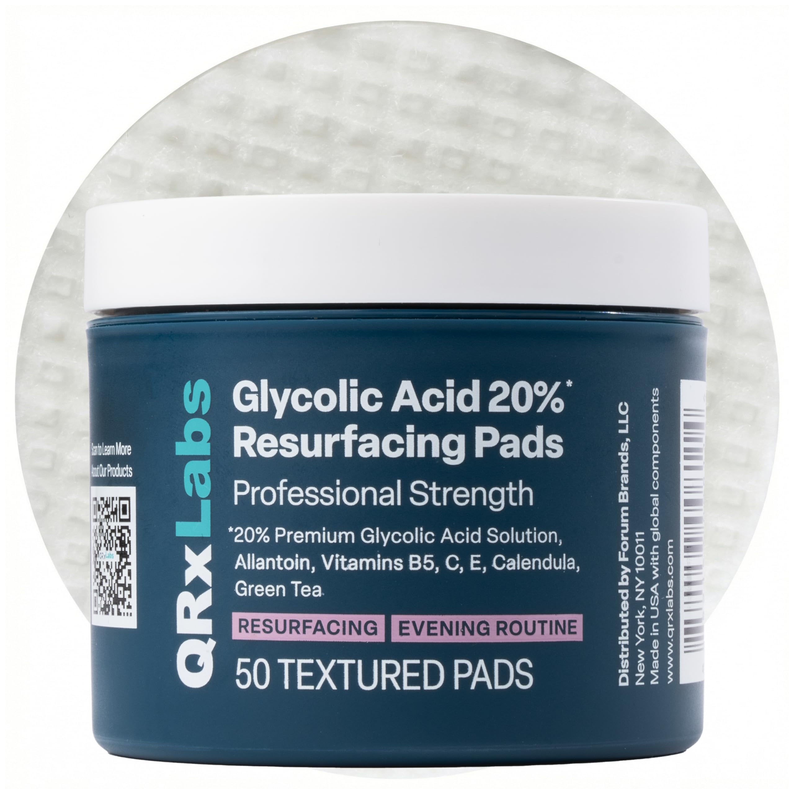 QRxLabs 20% Glycolic Acid Pads - Exfoliating Toner Pads, Face & Body - 50ct
