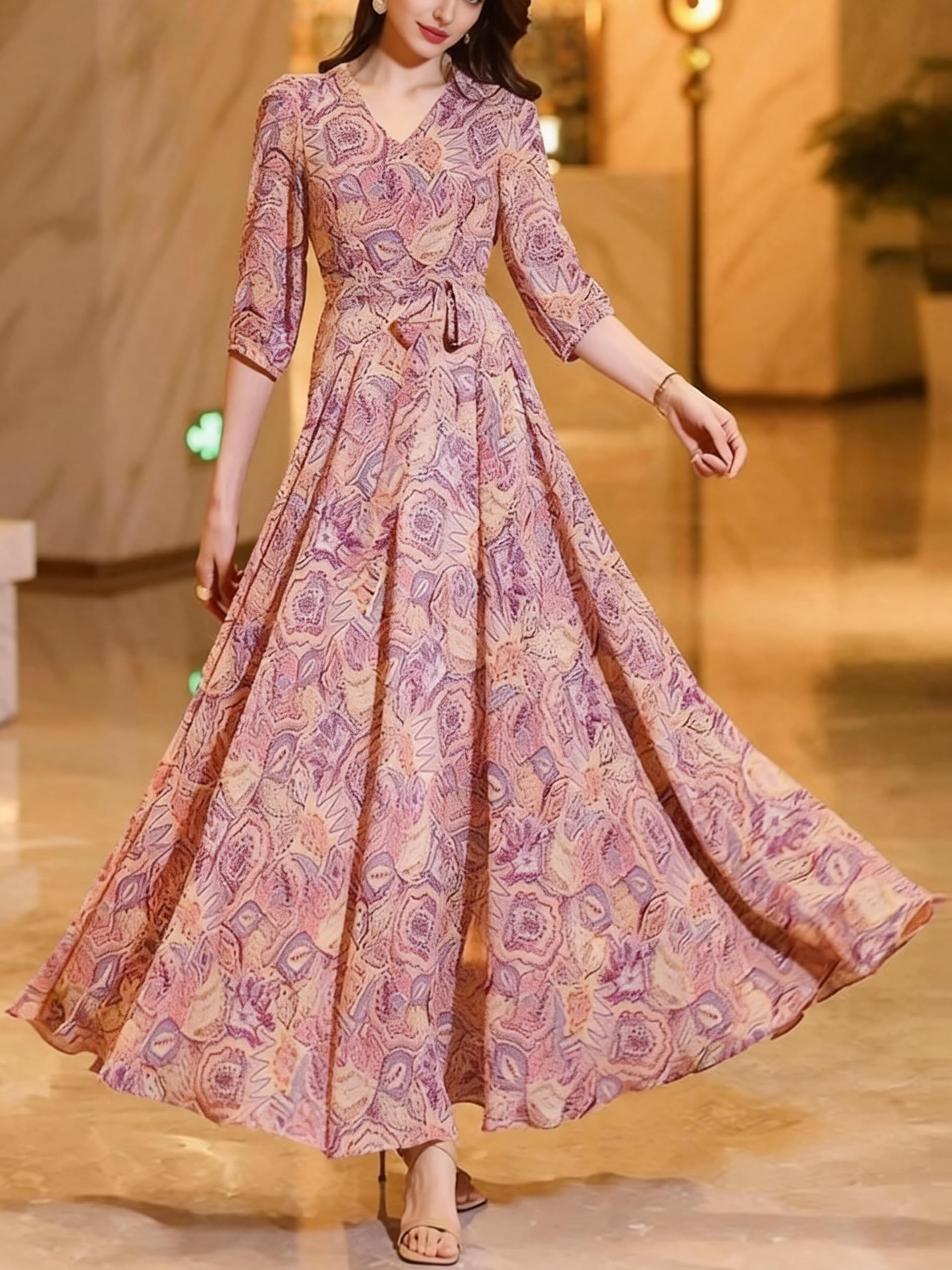 Women's Spring Summer Midi Sleeves Wrap V-Neck Long Dresses Floral Casual Dress 