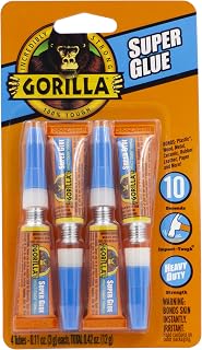 Gorilla Super Glue, Fast‑Setting, Impact‑Tough All‑Purpose Adhesive with Anti-Clog Cap, 4-3 g Tubes, (Pack of 1) - Clear
