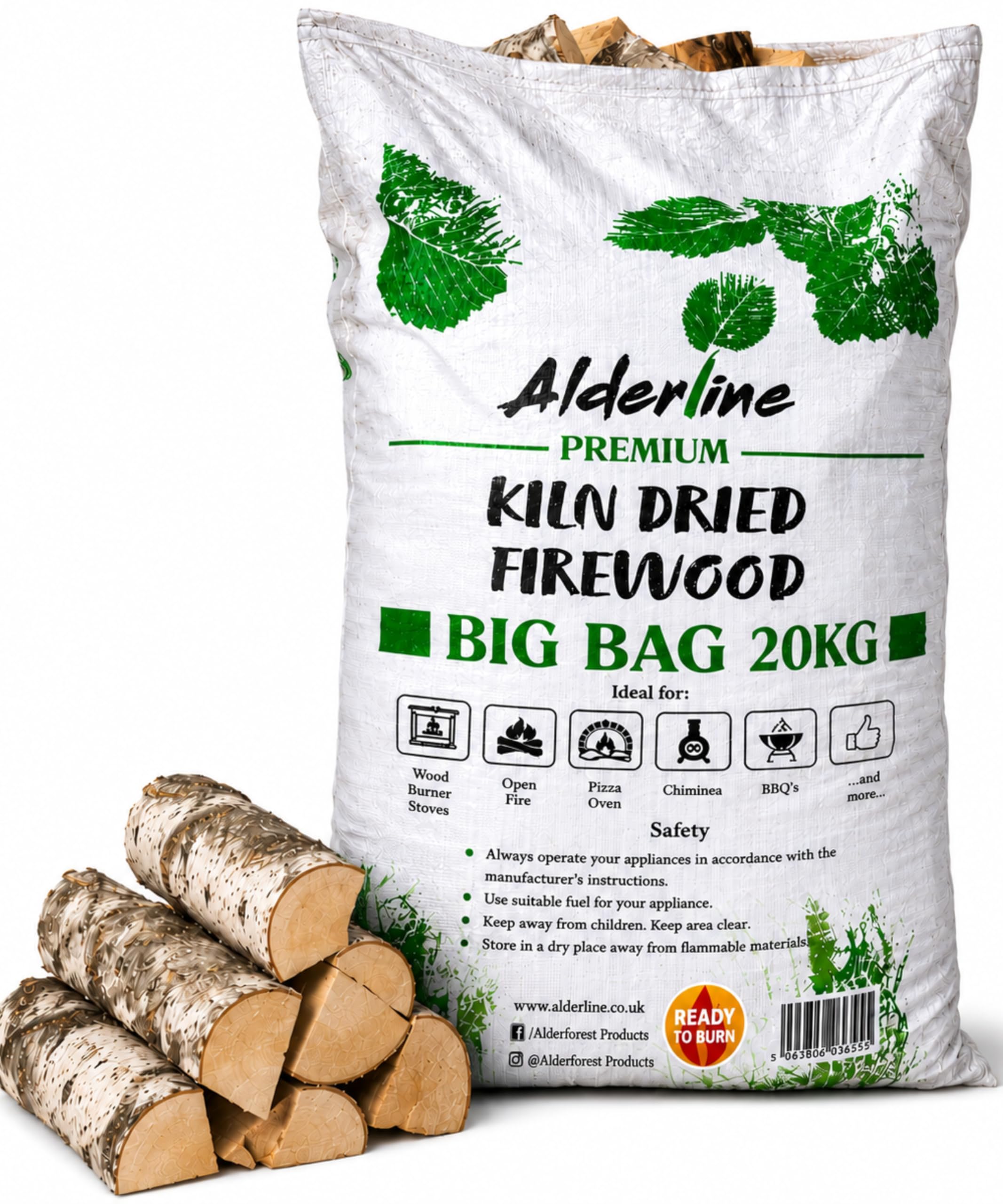 Alderline Premium Kiln Dried Birch Hardwood Logs 20kg - Ready to Burn Certified 