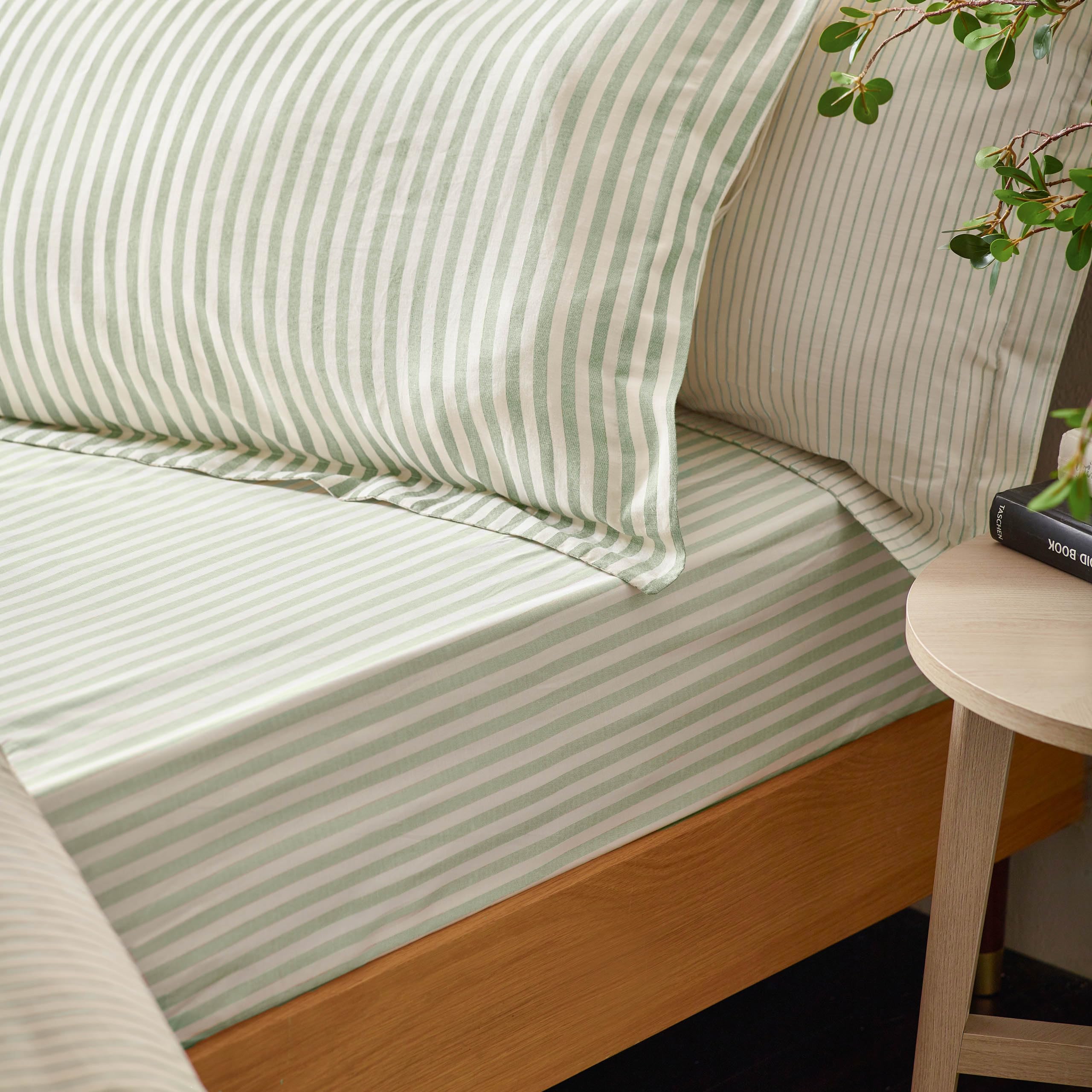 Yard Hebden Midi Striped Fitted Sheet 100% Ultra-Soft Cotton with Stripes (Eucal