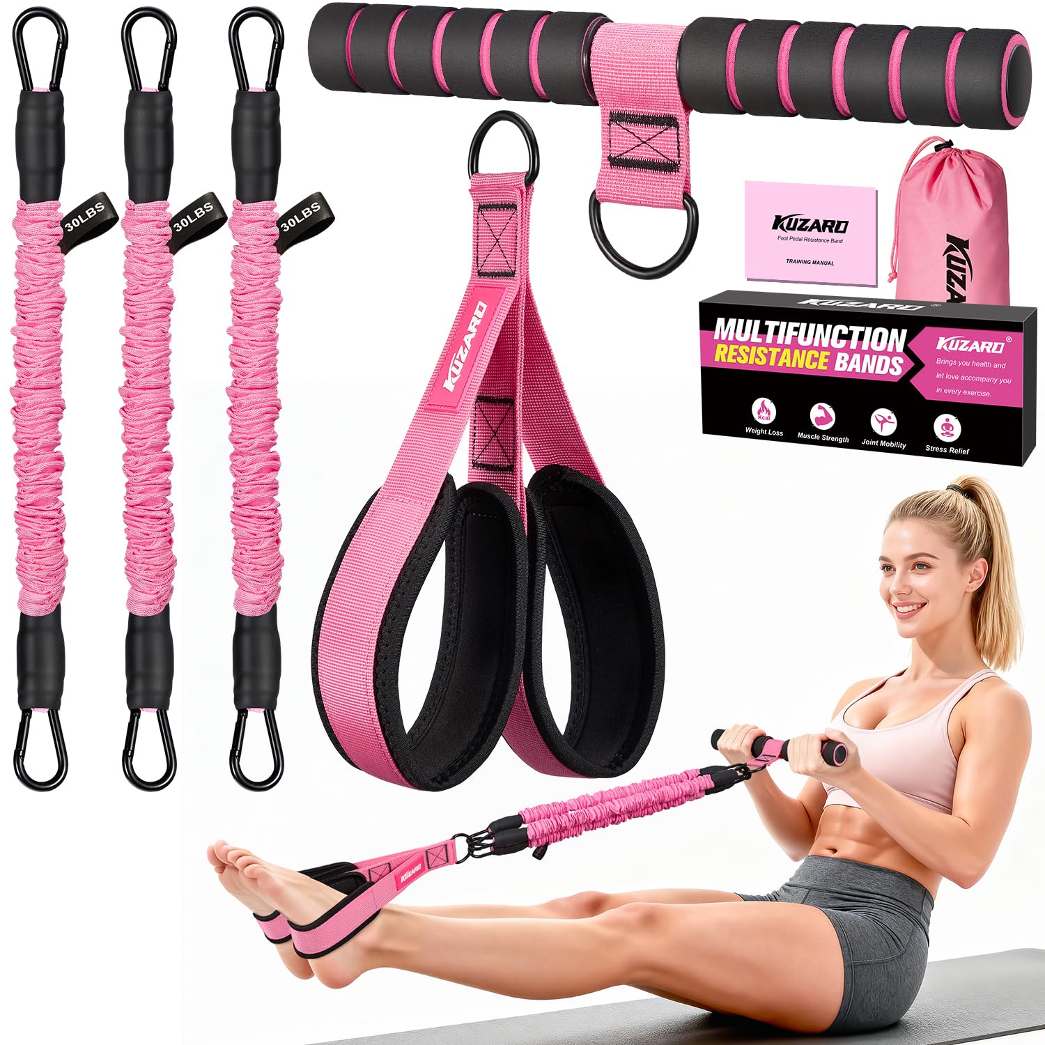 KUZARO Upgraded Multifunction Pedal Resistance Band with Handle, 3 Tube Adjustab