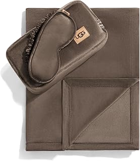 UGG Raegen Travel Blanket, Eye Mask & Case, 3-Piece, Brown (Burnt Cedar) | Made for Airplanes, Cars and Carry-Ons, Compact Packing, Cozy Travel Gifts, Easy Care, Hypoallergenic