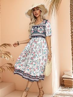 Maxi abito da donna con tasche, stampa patchwork bohémien, maniche corte, casual, linea ad A, abito estivo