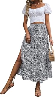 Women Floral Print Line Boho Elastic High Waist Thigh Slit Long Skirts
