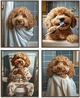 Dazzlewall Set of 4 Pieces Funny Dog Bathroom Wall Art Prints Cute Poodle Wall Art Prints 8x10 Inches No Frame