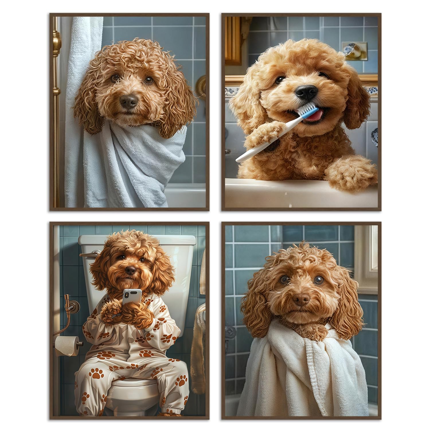Dazzlewall Set of 4 Pieces Funny Dog Bathroom Wall Art Prints Cute Poodle Wall A