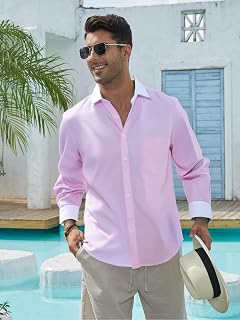 Camicia da uomo a tinta unita, con bottoni, a maniche lunghe, stile business, casual, slim fit, con tasca