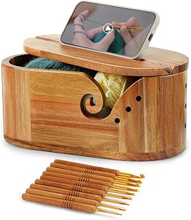 Yarn Bowl for Crocheting, Acacia Wood Yarn Storage with 9pcs Crochet Hooks | Yarn Holder for Crocheting with Phone Stand &amp; Lid, Large-Capacity Crochet Accessories Gift for Knitting Mom Grandma Wife