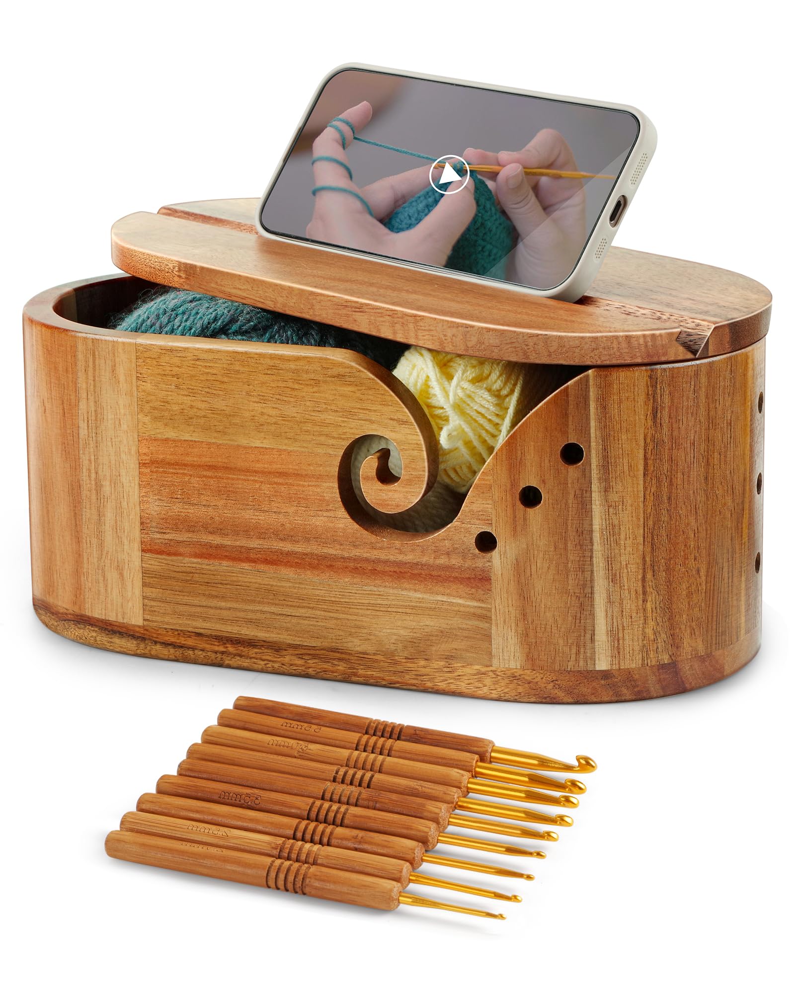 Yarn Bowl for Crocheting, Acacia Wood Yarn Storage with 9pcs Crochet Hooks | Yar