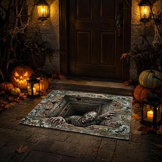 Halloween 3D Optical Illusion Rug Novelty Ghost Skeleton Doormat, Brown | Funny Halloween Non-Slip Floor Mat with Depth Pattern Theme for Home Parties Decor