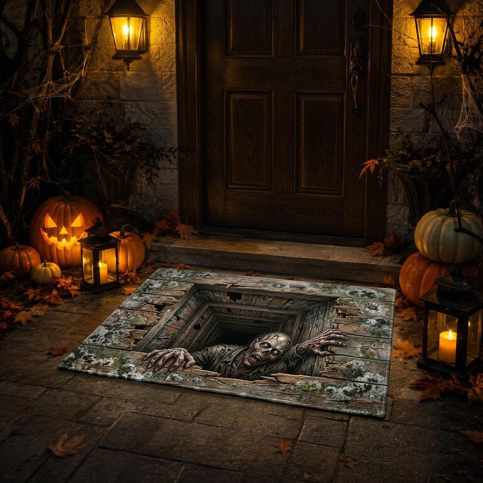 Halloween 3D Optical Illusion Rug Novelty Ghost Skeleton Doormat, Brown | Funny 